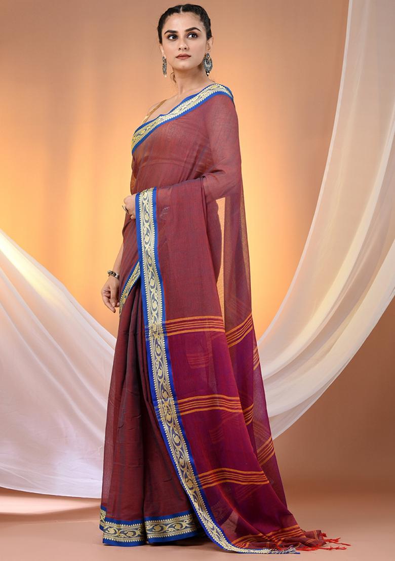 Purple Floral Embroidery Cotton Saree - Indya