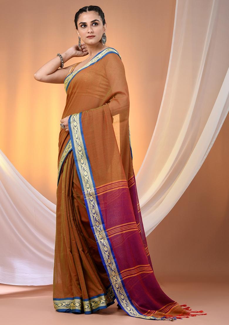 Mustard Floral Embroidery Cotton Saree - Indya