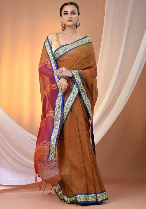 Mustard Floral Embroidery Cotton Saree