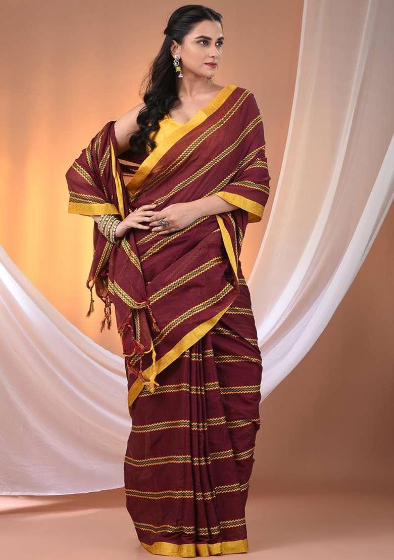 Maroon Floral Embroidery Cotton Saree Set for Diwali and Festive Wear - Indya