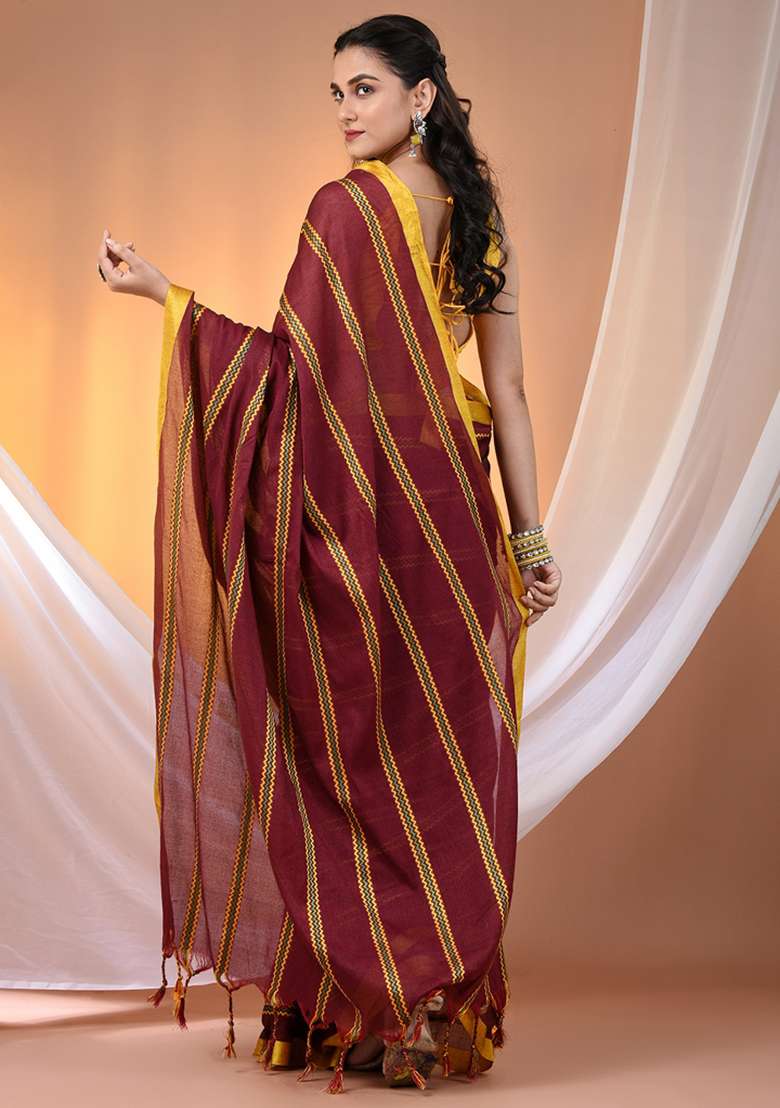 Maroon Floral Embroidery Cotton Saree Set for Diwali and Festive Wear - Indya