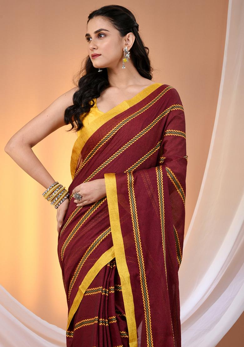 Maroon Floral Embroidery Cotton Saree Set - Indya