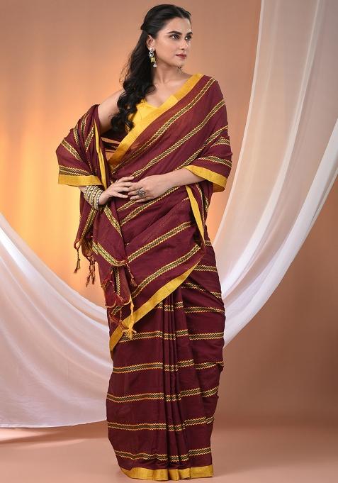 Maroon Floral Embroidery Cotton Saree Set