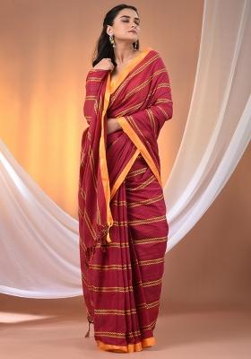 Pink Floral Embroidery Cotton Saree Set