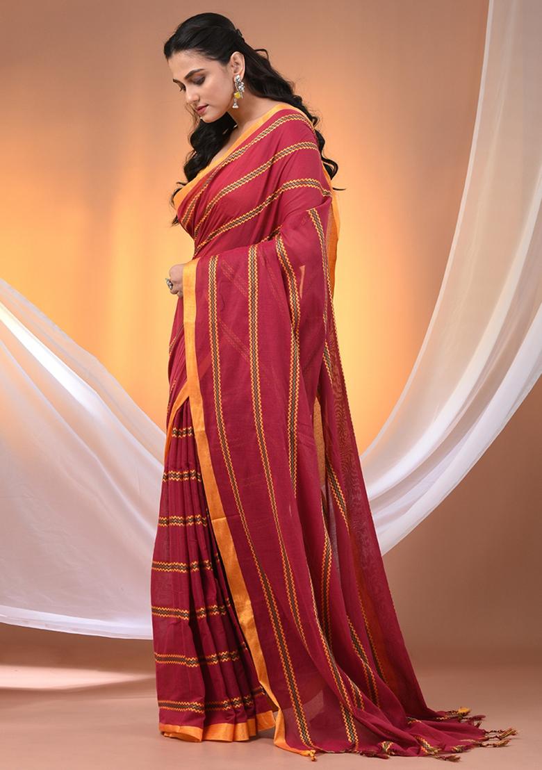 Pink Floral Embroidery Cotton Saree Set - Indya