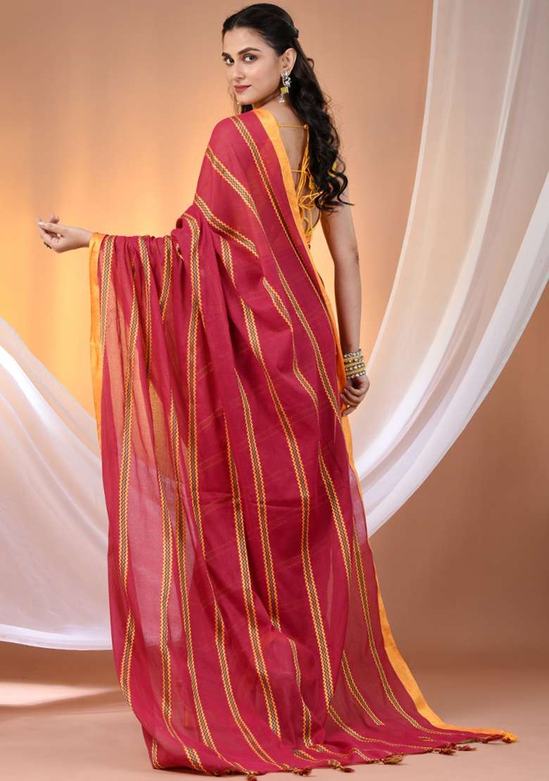 Pink Floral Cotton Saree Set with Embroidery for Diwali | Wedding & Festive Wear - Indya