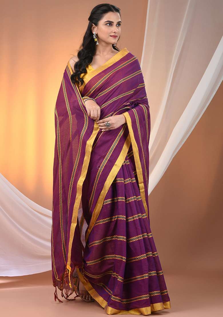 Purple Floral Embroidery Cotton Saree Set for Diwali and Festive Wear - Indya
