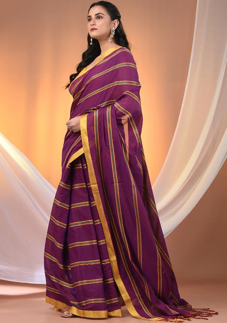 Purple Floral Embroidery Cotton Saree Set - Indya