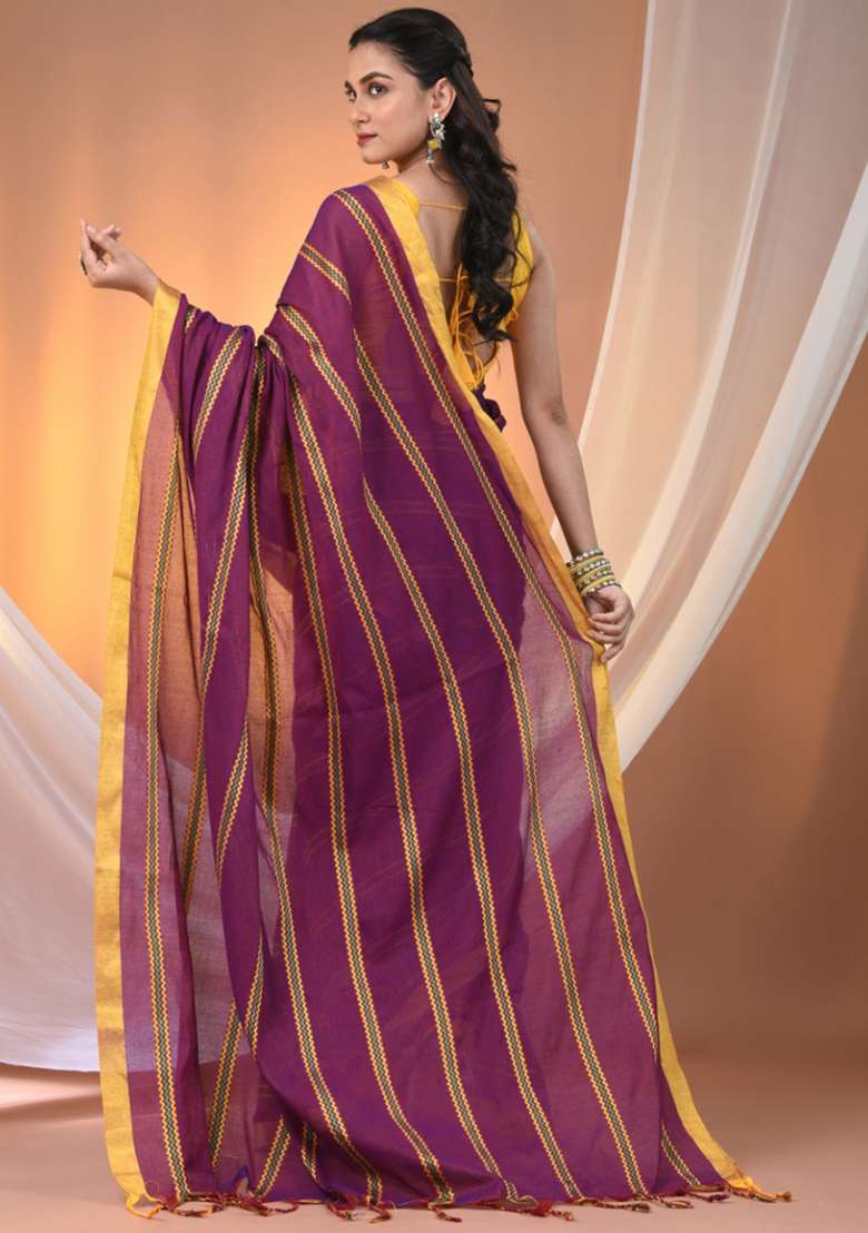 Purple Floral Embroidery Cotton Saree Set for Diwali and Festive Wear - Indya