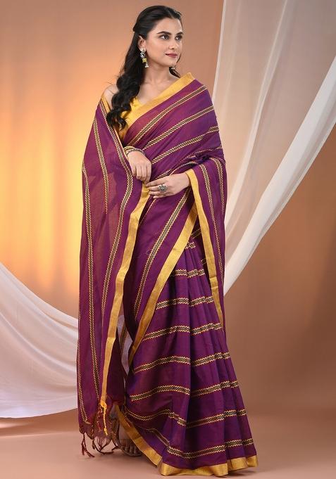 Purple Floral Embroidery Cotton Saree Set