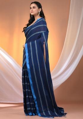 Midnight Blue Floral Embroidery Cotton Saree Set