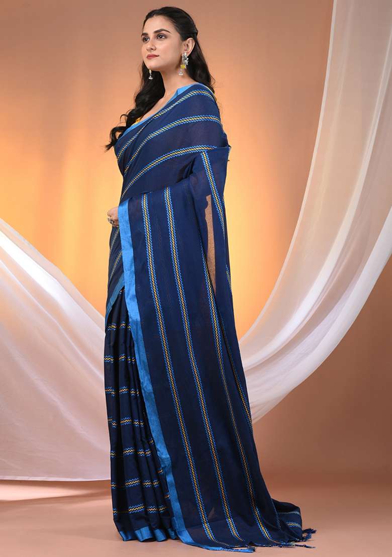 Midnight Blue Floral Cotton Saree Set with Embroidery for Diwali | Wedding & Festive Wear - Indya