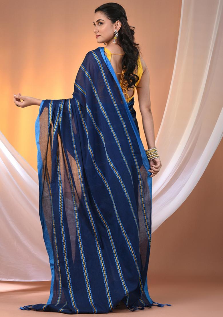 Midnight Blue Floral Embroidery Cotton Saree Set - Indya