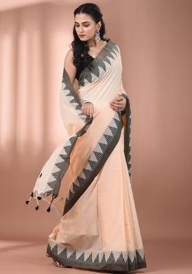 Beige Floral Embroidery Cotton Saree Set