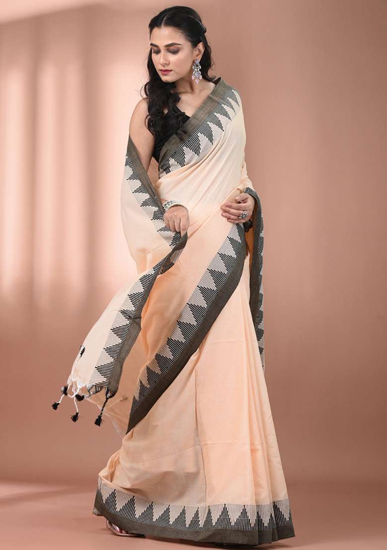 Beige Floral Cotton Saree Set with Embroidery for Diwali | Wedding & Festive Wear - Indya