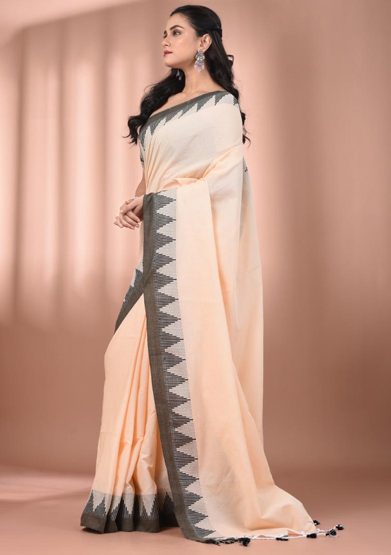 Beige Floral Embroidery Cotton Saree Set - Indya
