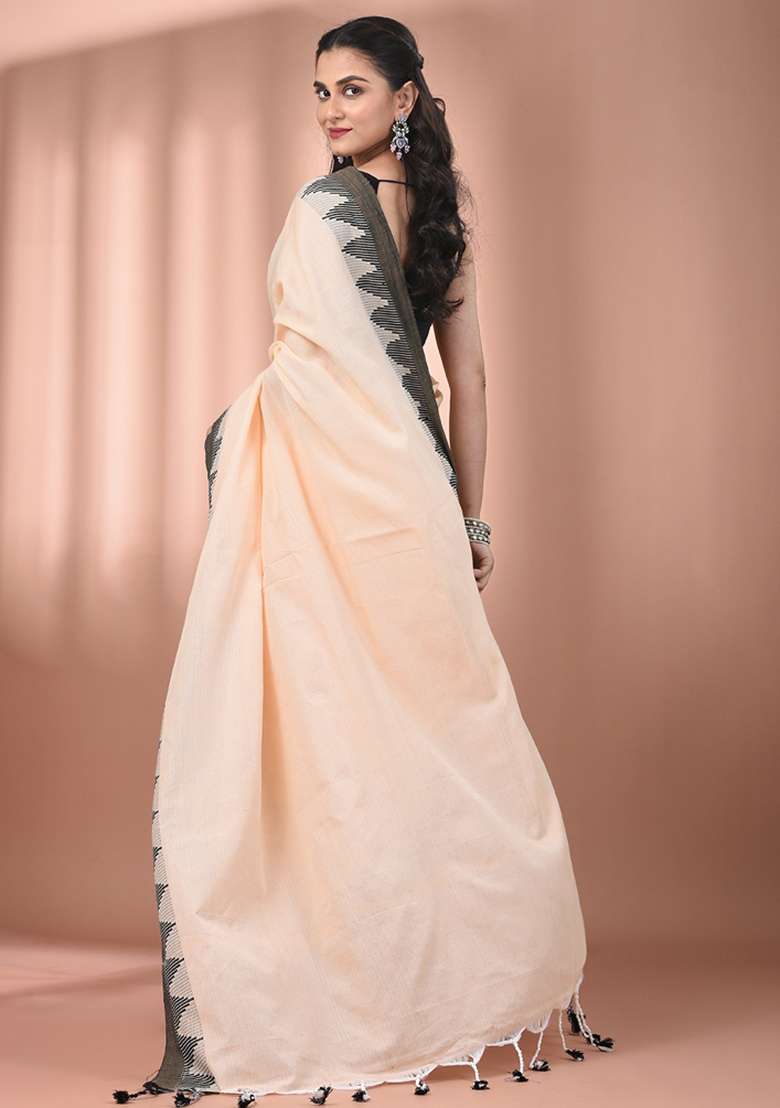 Beige Floral Cotton Saree Set with Embroidery for Diwali | Wedding & Festive Wear - Indya