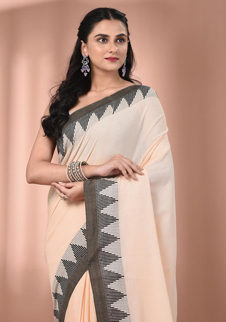 Beige Floral Embroidery Cotton Saree Set - Indya