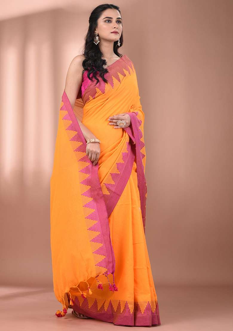 Yellow Floral Cotton Saree Set with Embroidery for Diwali | Wedding & Festive Wear - Indya