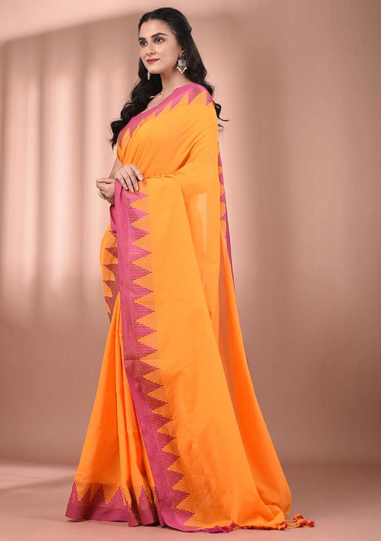Yellow Floral Cotton Saree Set with Embroidery for Diwali | Wedding & Festive Wear - Indya
