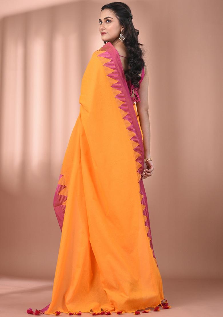 Yellow Floral Embroidery Cotton Saree Set - Indya