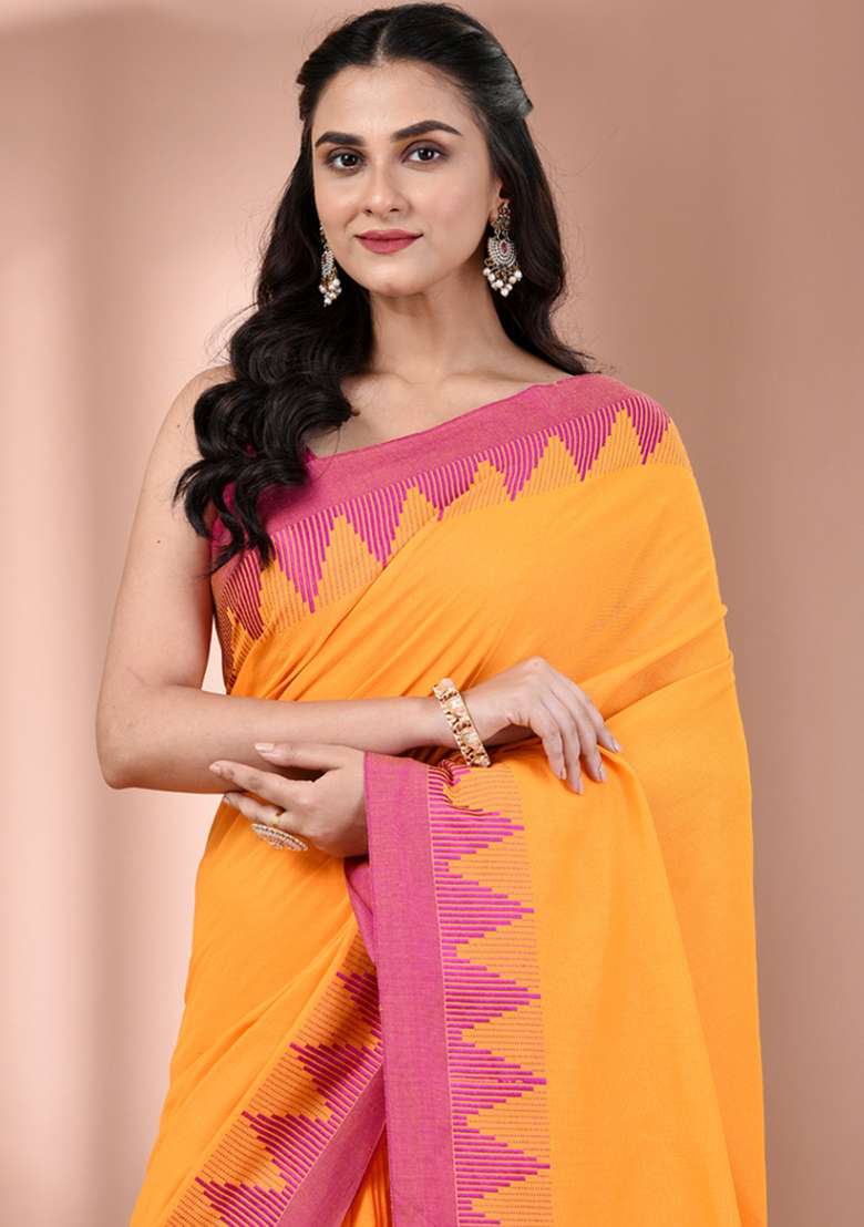 Yellow Floral Cotton Saree Set with Embroidery for Diwali | Wedding & Festive Wear - Indya