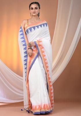 White Floral Embroidery Cotton Saree Set