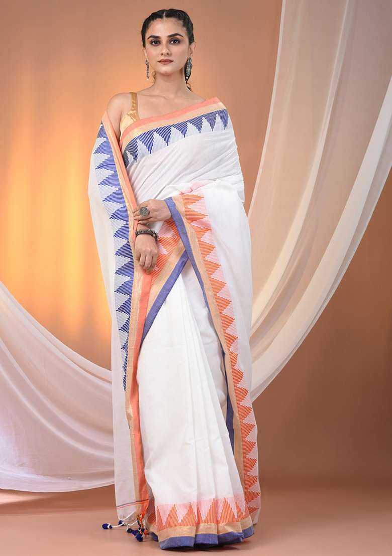 White Floral Embroidery Cotton Saree Set for Diwali and Festive Wear - Indya
