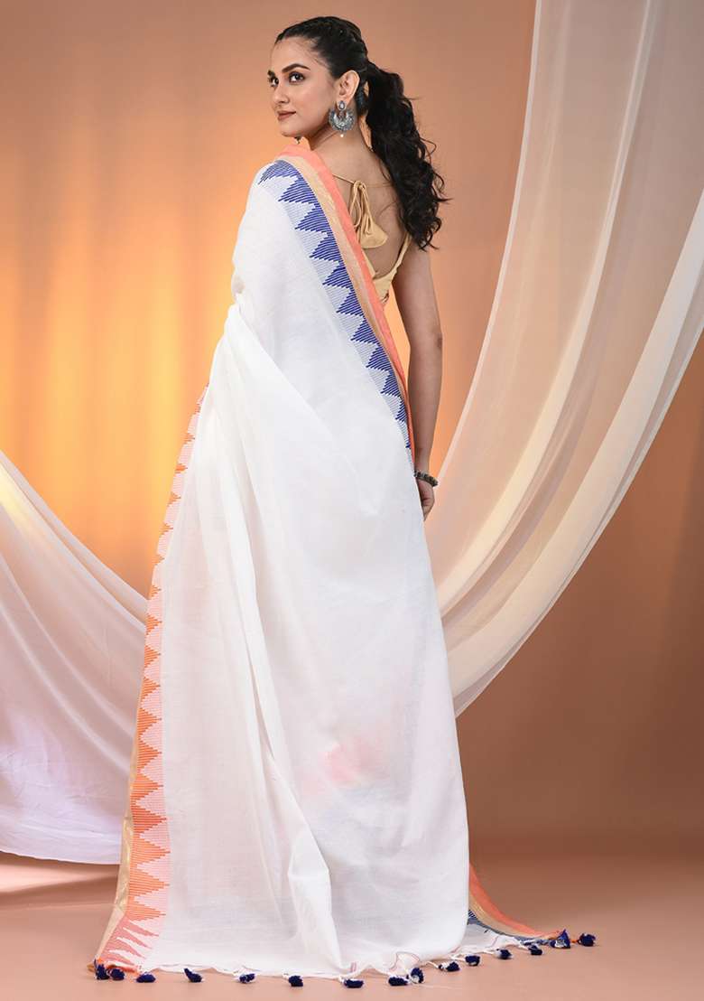 White Floral Embroidery Cotton Saree Set for Diwali and Festive Wear - Indya