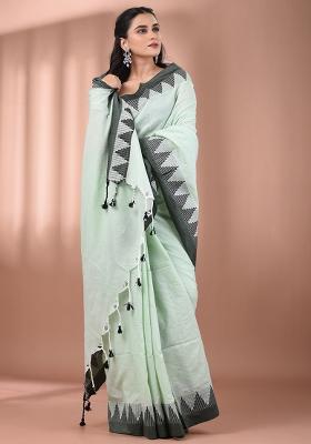 Tea Green Floral Embroidery Cotton Saree Set