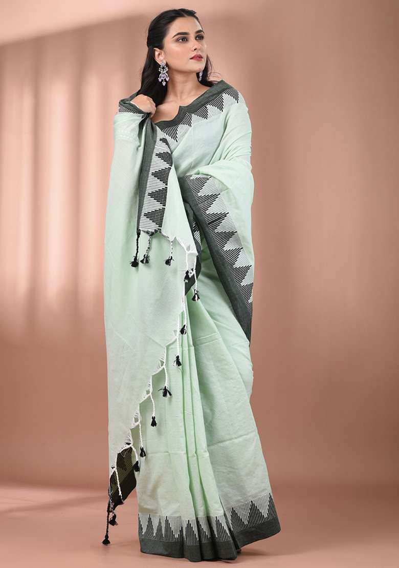 Tea Green Floral Cotton Saree Set with Embroidery for Diwali | Wedding & Festive Wear - Indya