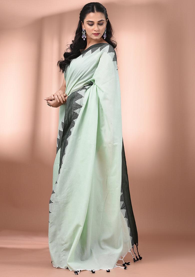Tea Green Floral Embroidery Cotton Saree Set - Indya