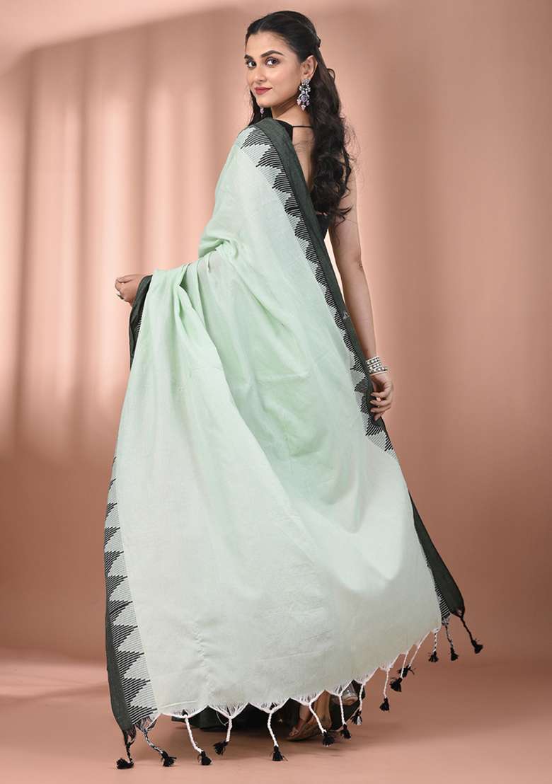 Tea Green Floral Cotton Saree Set with Embroidery for Diwali | Wedding & Festive Wear - Indya