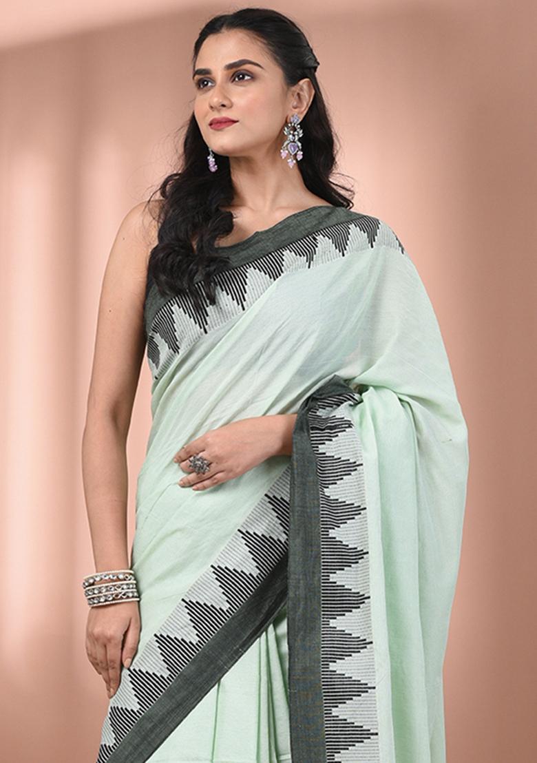 Tea Green Floral Embroidery Cotton Saree Set - Indya