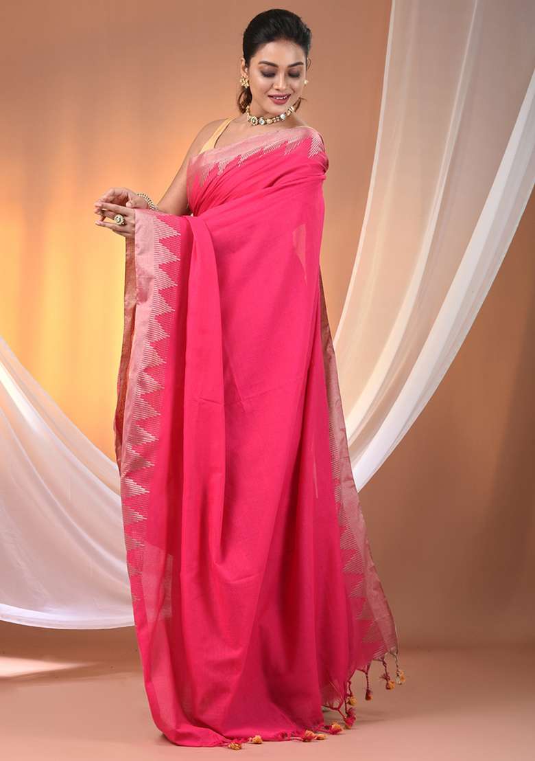 Pink Floral Embroidery Cotton Saree Set for Diwali and Festive Wear - Indya
