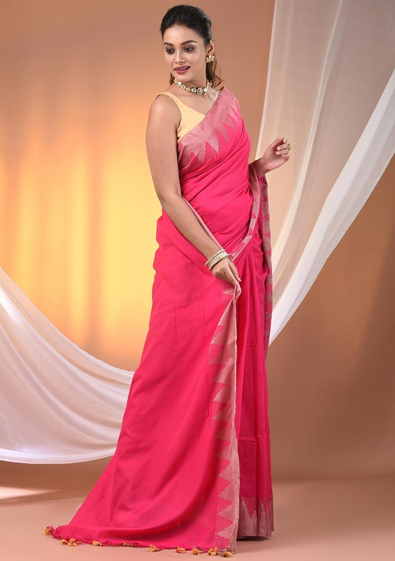 Pink Floral Embroidery Cotton Saree Set - Indya