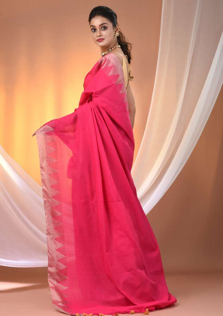 Pink Floral Embroidery Cotton Saree Set for Diwali and Festive Wear - Indya
