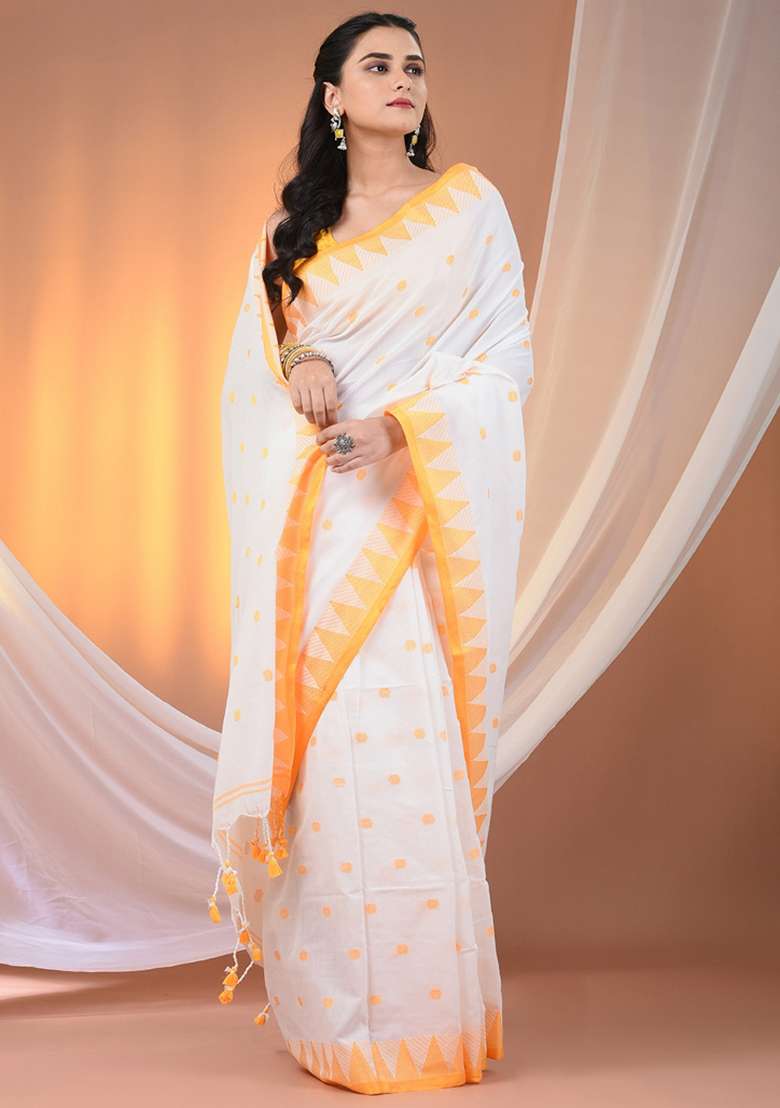 White Floral Cotton Saree Set with Embroidery for Diwali | Wedding & Festive Wear - Indya