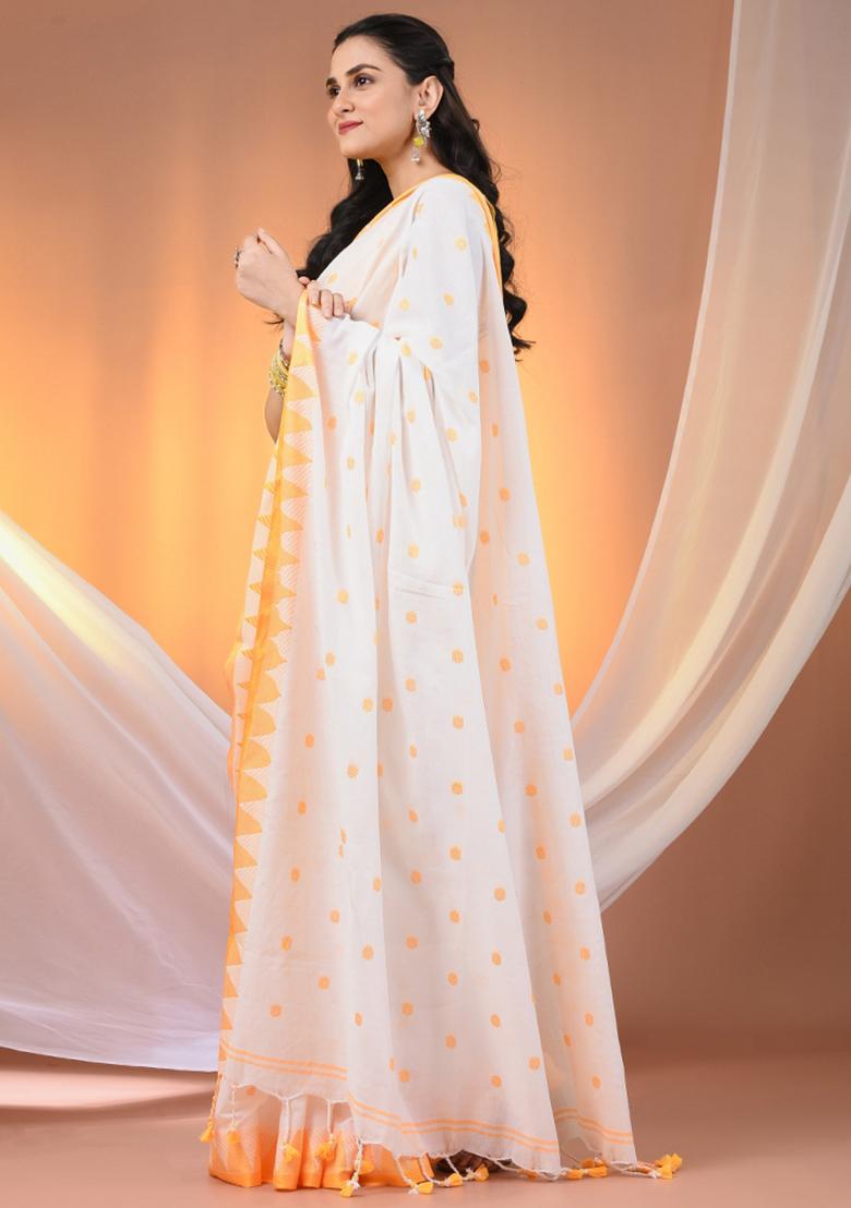 White Floral Embroidery Cotton Saree Set - Indya