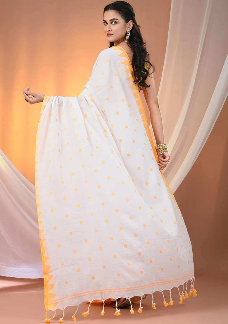White Floral Cotton Saree Set with Embroidery for Diwali | Wedding & Festive Wear - Indya