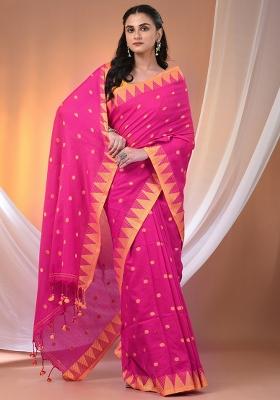 Pink Floral Embroidery Cotton Saree Set