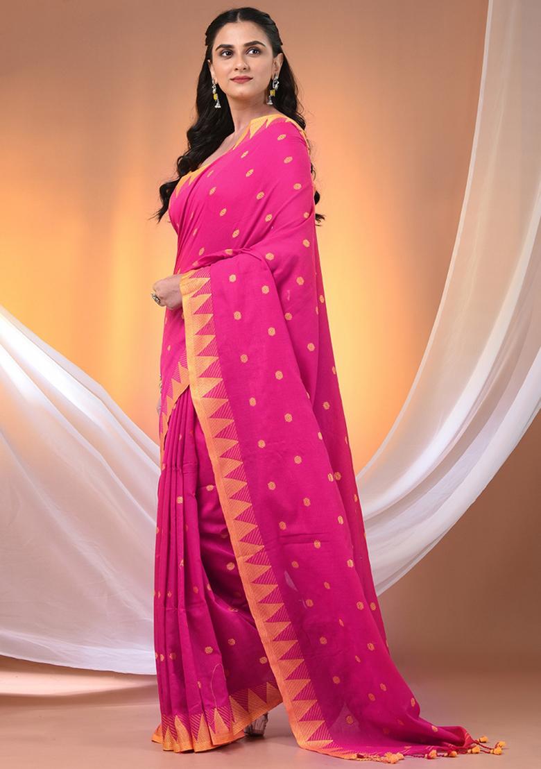 Pink Floral Embroidery Cotton Saree Set - Indya