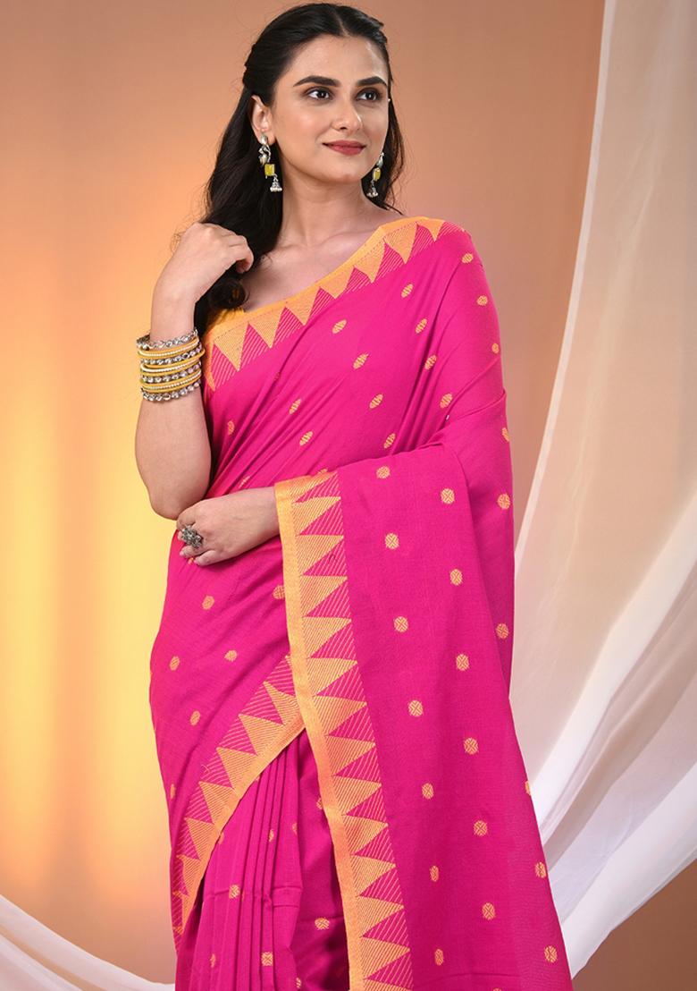 Pink Floral Embroidery Cotton Saree Set - Indya