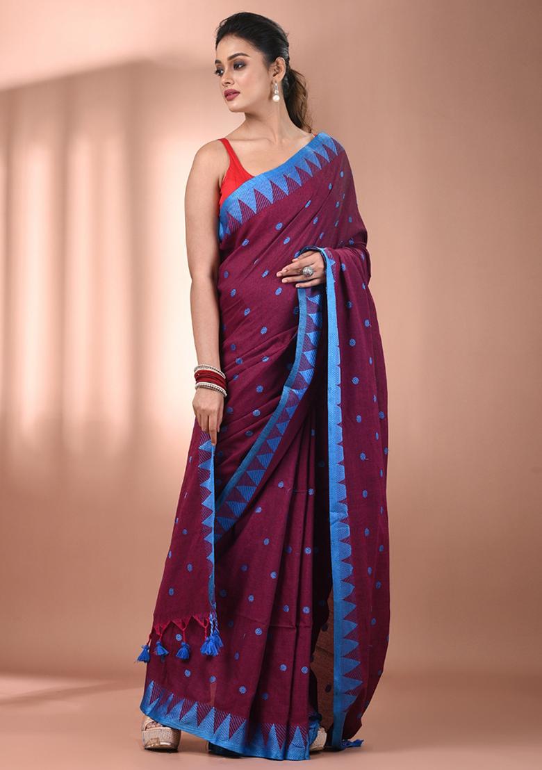 Magenta Floral Embroidery Cotton Saree Set - Indya