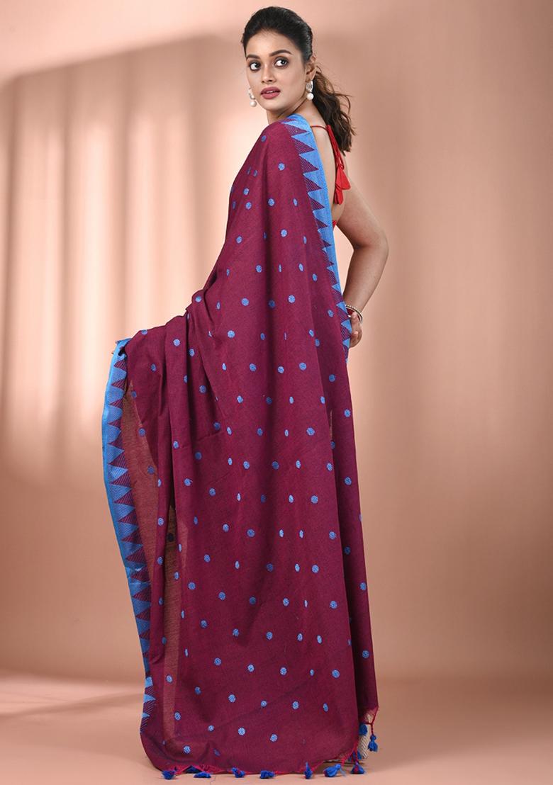 Magenta Floral Embroidery Cotton Saree Set - Indya