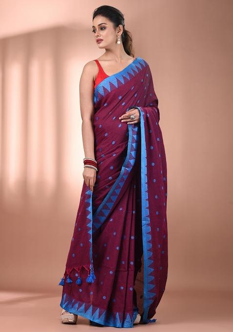 Magenta Floral Embroidery Cotton Saree Set