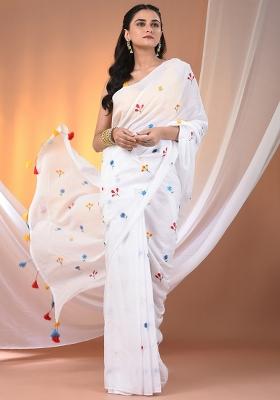 White Floral Embroidery Cotton Saree Set