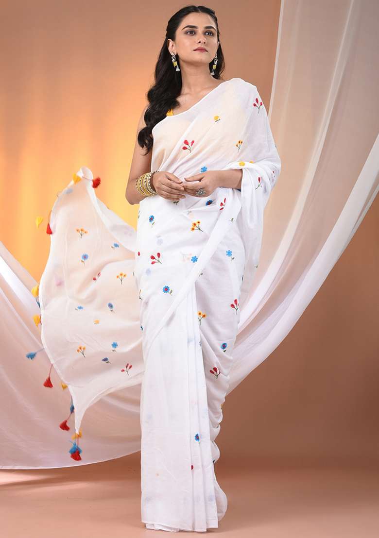 White Floral Embroidery Cotton Saree Set for Diwali and Festive Wear - Indya