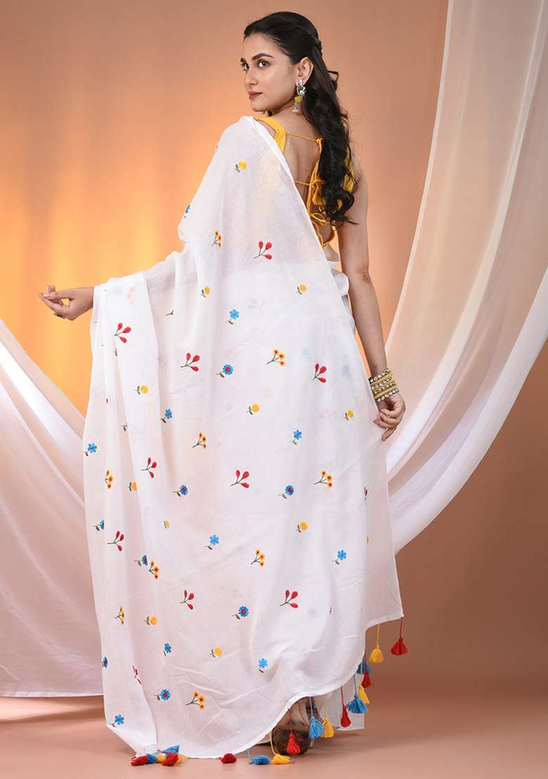 White Floral Embroidery Cotton Saree Set for Diwali and Festive Wear - Indya