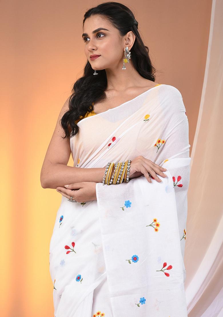 White Floral Embroidery Cotton Saree Set - Indya